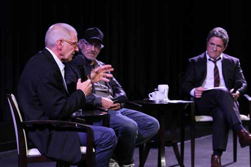 Photo credit:  Peter Wintersteller/ABImages  (Left to right) Surprise guest Harrison Ford, Steven Spielberg and Paramount Chairman and CEO Brad Grey at the INDIANA JONES AND THE RAIDERS OF THE LOST ARK special screening and Q&A held September 13th at Paramount Studios in Hollywood, CA.