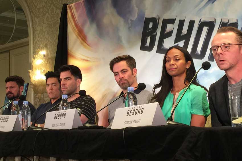 Star Trek Beyond LA Press Conference Simon Pegg, Zoe Saldana, Chris Pine, Zachary Quinto, John Cho, Karl Urban
