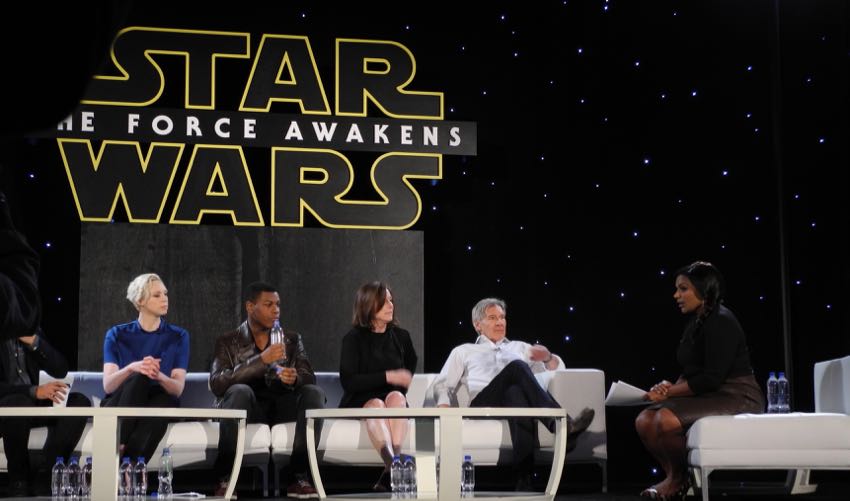 Star Wars Force Awakens Harrison Ford, John Boyega, Gwendoline Christie, Oscar Issac, Kathleen Kennedy and moderator Mindy Kaling